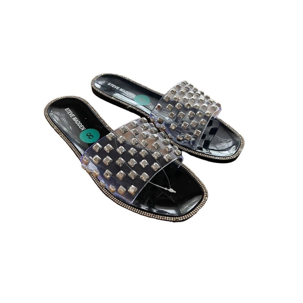 Steve Madden Womens Clear Black Jynn Studded Rhinestone Slide Sandals Size 8